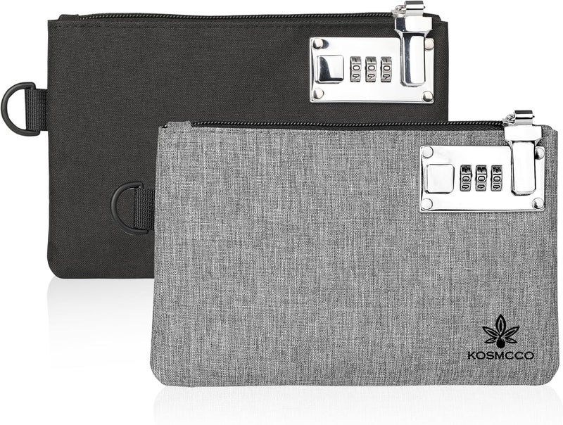 KOSMCCO 2Pcs Lockable Money Bag - 5x8 Inches Durable Nylon Locking Bank Bag Coin Purse for Cash, Jewelry, Passports, Medicine, Credit Cards and Valuable Storage Cash Pouch (Black & Grey) - Image 1